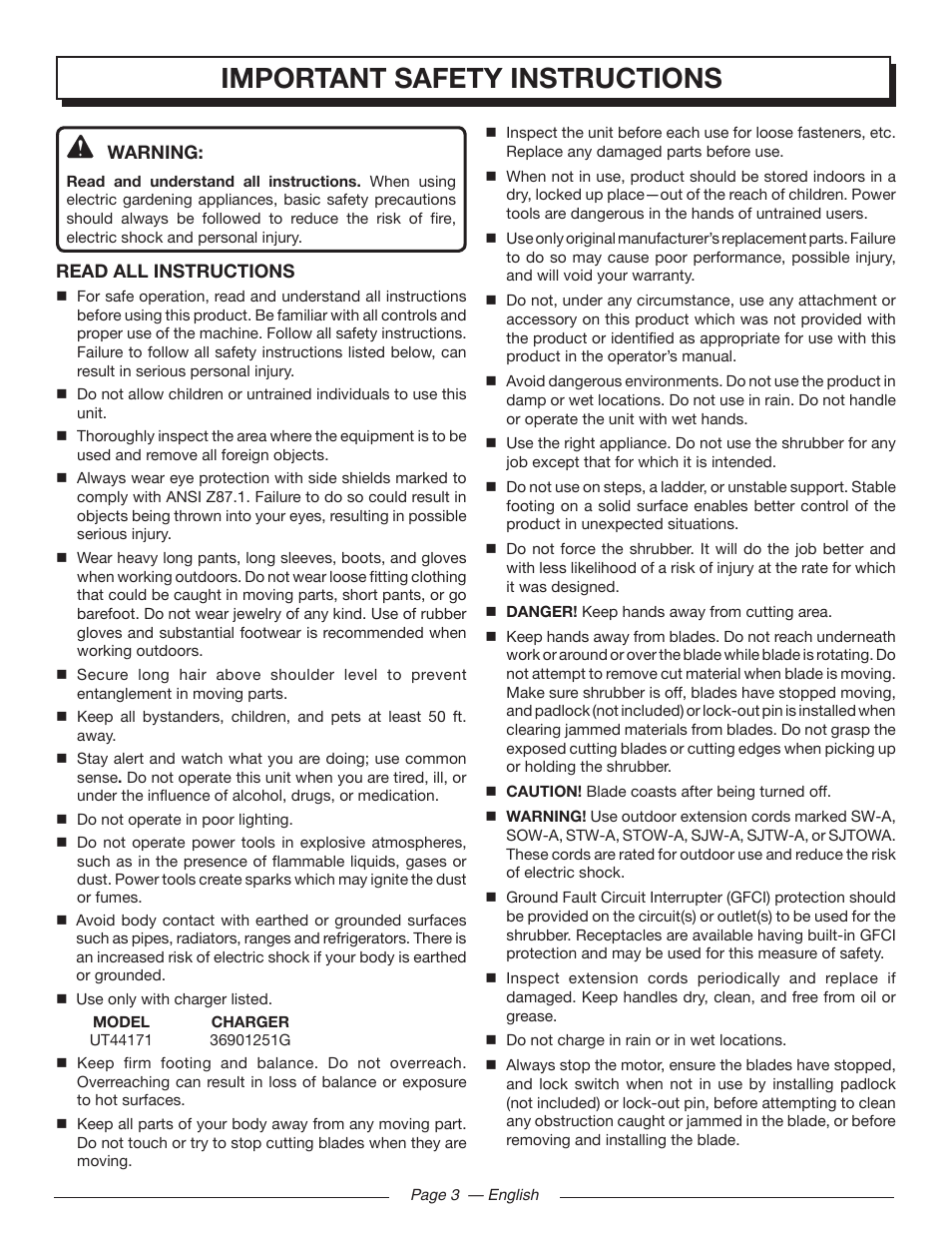 Important safety instructions | Homelite UT44171 User Manual | Page 5 / 42