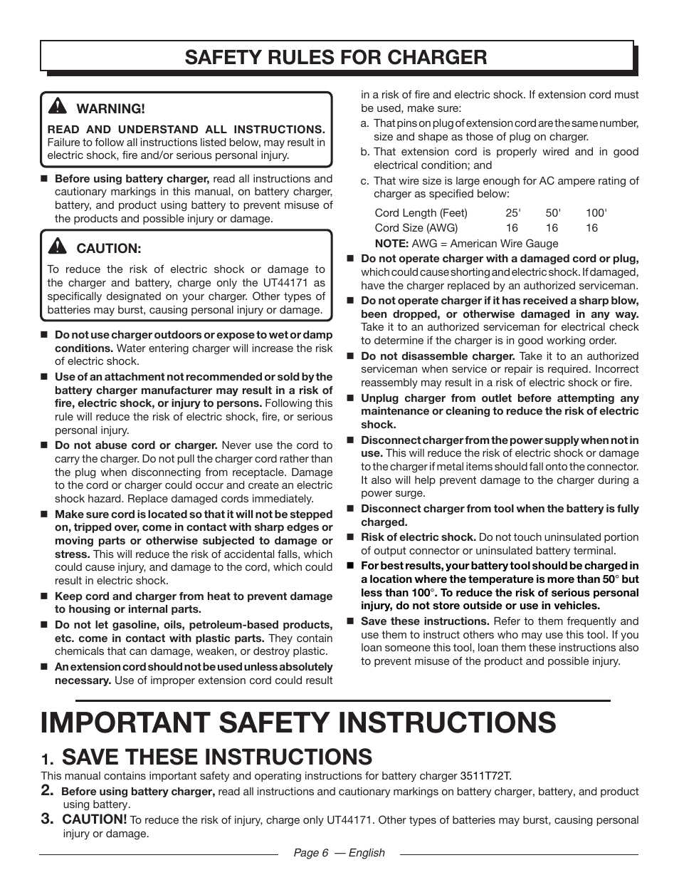 Important safety instructions, Save these instructions, Safety rules for charger | Homelite UT44171 User Manual | Page 8 / 42