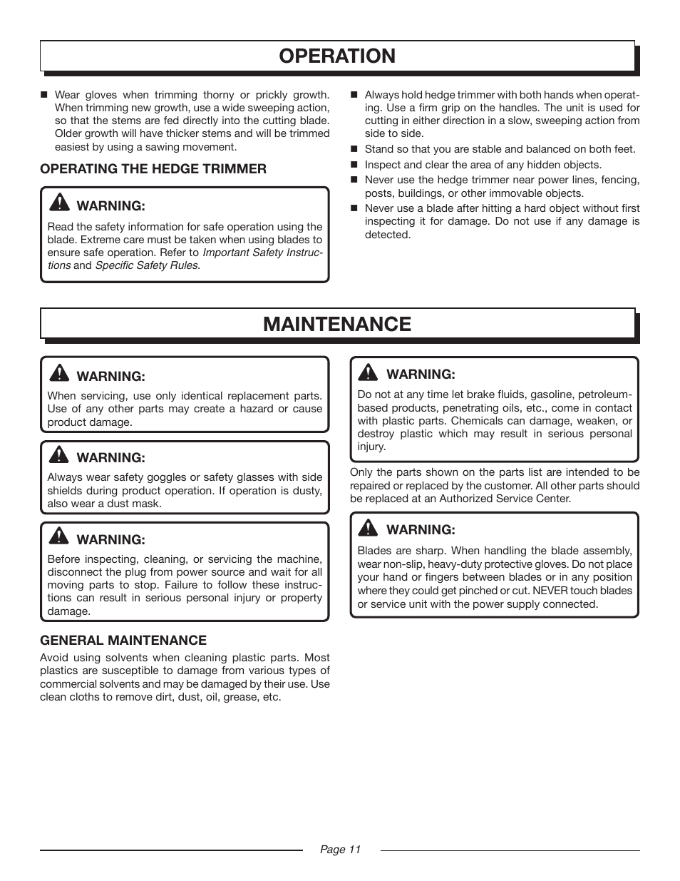 Operation, Maintenance | Homelite UT 44100 User Manual | Page 11 / 14