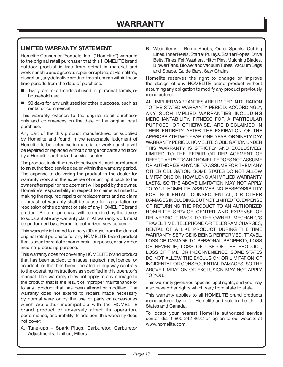 Warranty | Homelite UT 44100 User Manual | Page 13 / 14