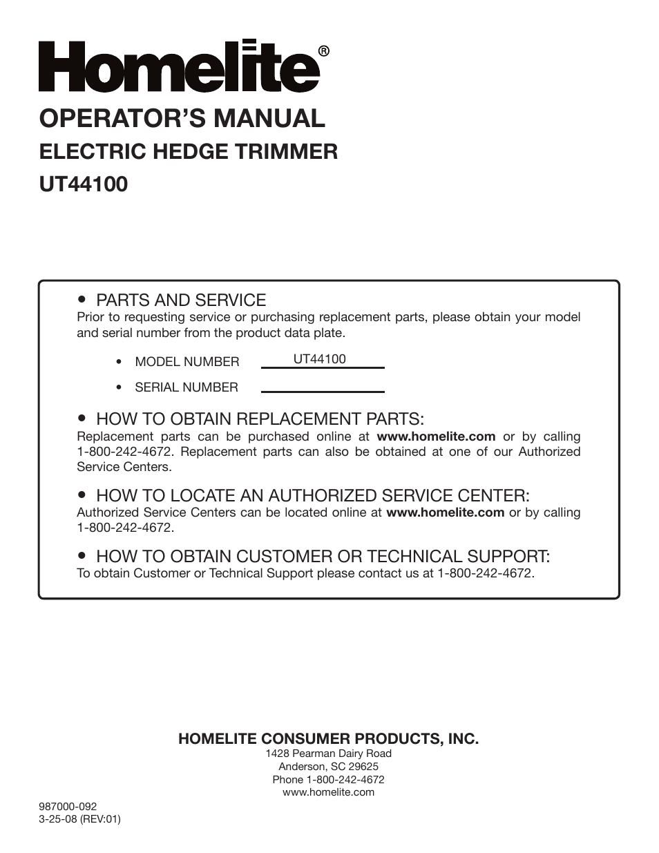 Operator’s manual | Homelite UT 44100 User Manual | Page 14 / 14