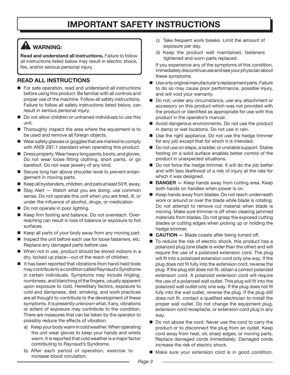 Important safety instructions | Homelite UT 44100 User Manual | Page 3 / 14