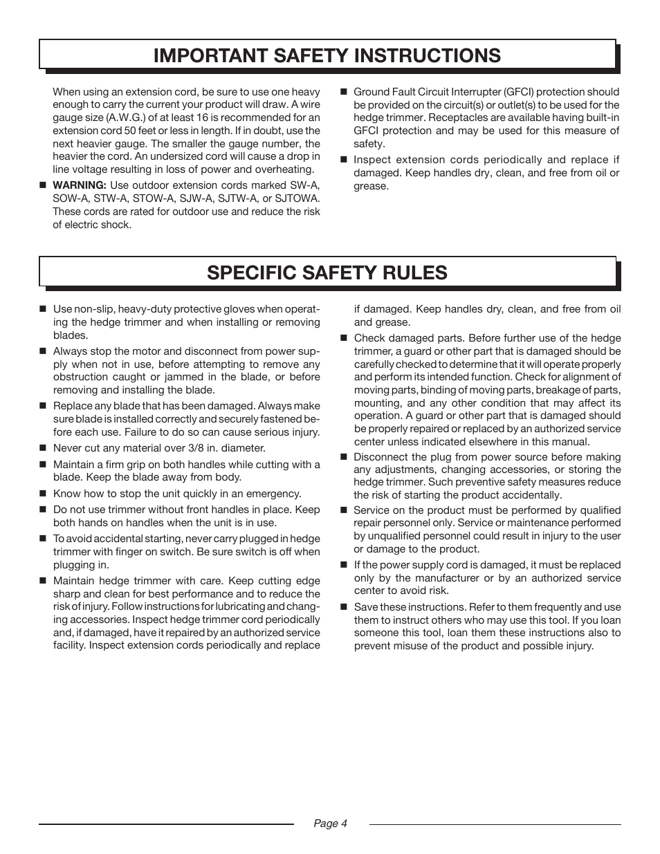 Specific safety rules, Important safety instructions | Homelite UT 44100 User Manual | Page 4 / 14
