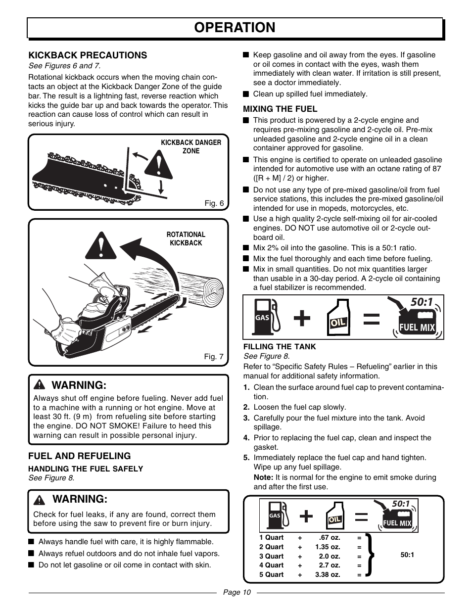 Operation, Warning, Fuel mix | Homelite UT10942D User Manual | Page 10 / 36