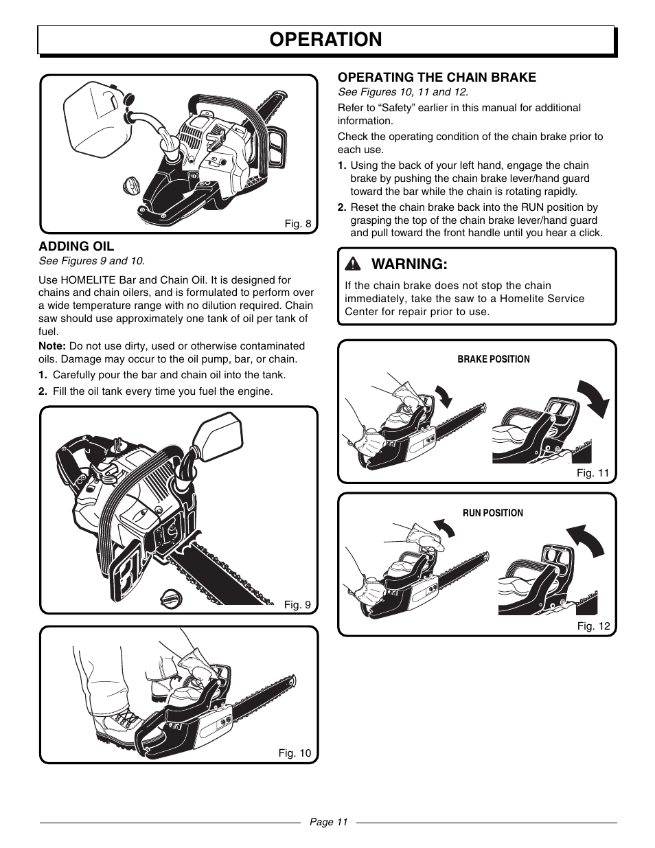 Operation, Warning | Homelite UT10942D User Manual | Page 11 / 36