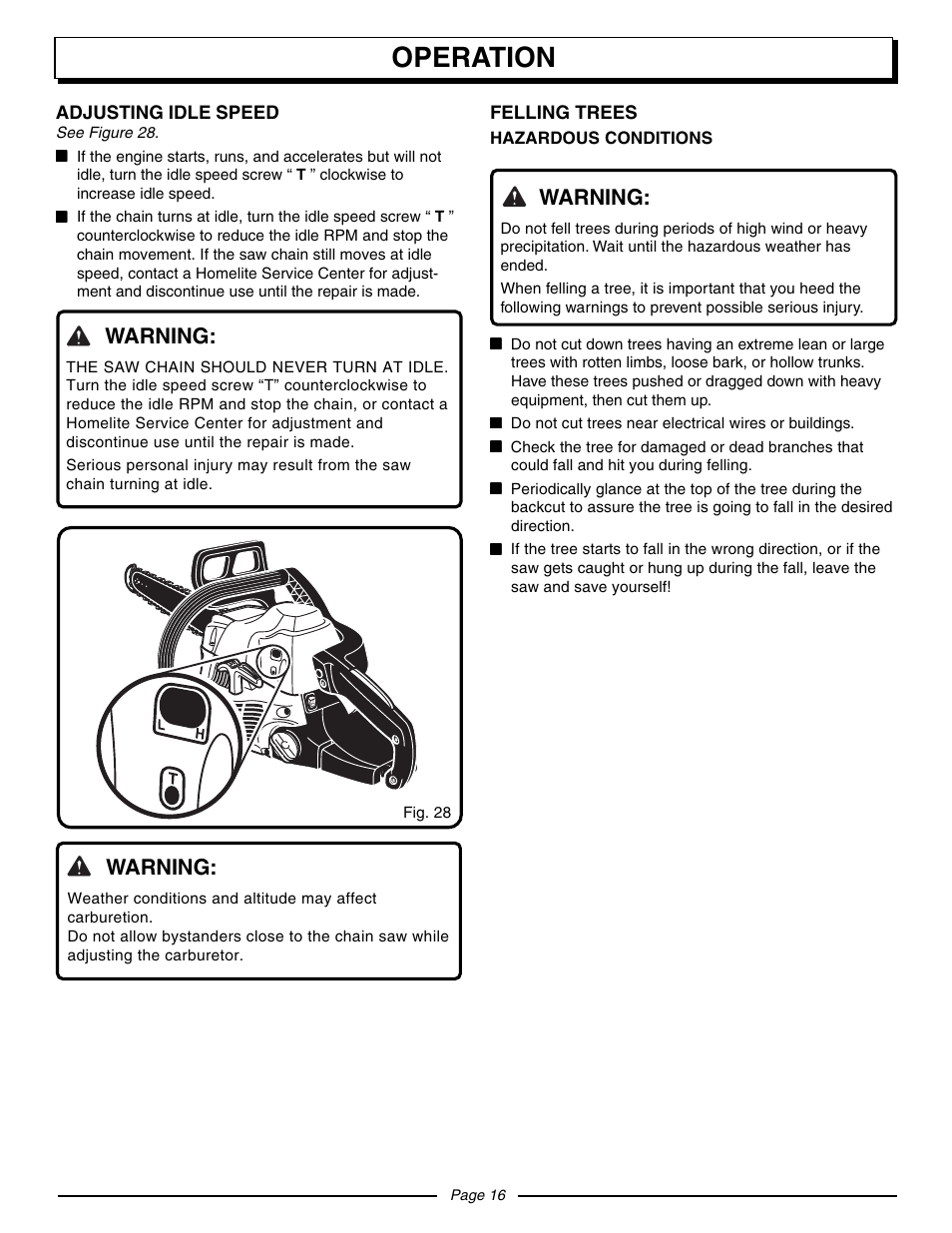 Operation, Warning | Homelite UT10942D User Manual | Page 16 / 36