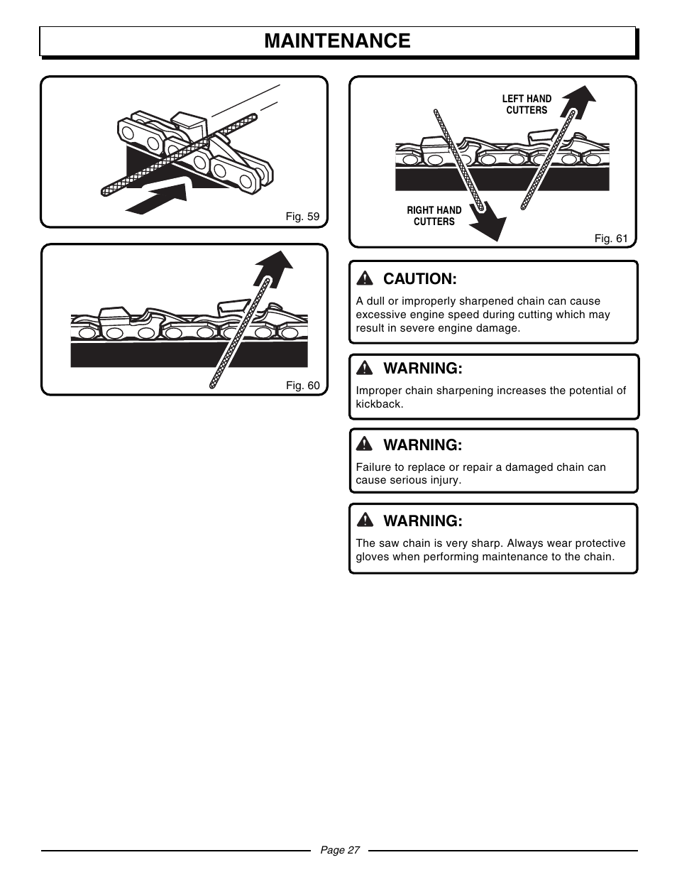 Maintenance, Caution, Warning | Homelite UT10942D User Manual | Page 27 / 36