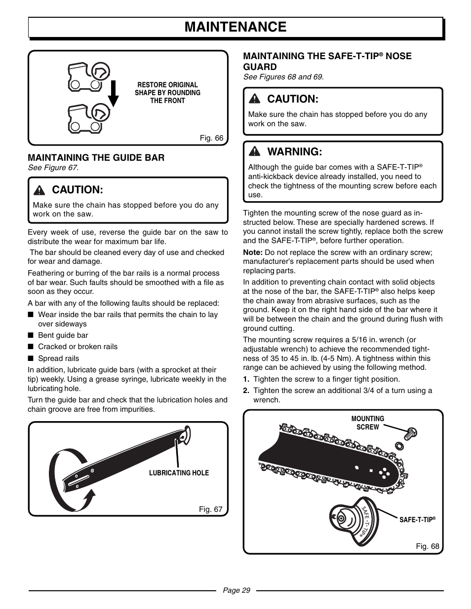 Maintenance, Caution, Warning | Homelite UT10942D User Manual | Page 29 / 36