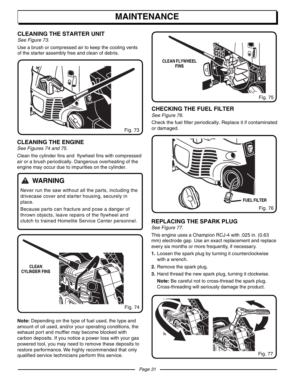 Maintenance, Warning | Homelite UT10942D User Manual | Page 31 / 36