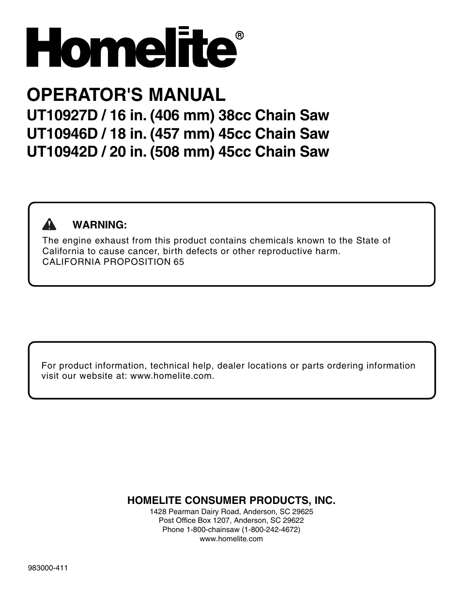 Operator's manual | Homelite UT10942D User Manual | Page 36 / 36