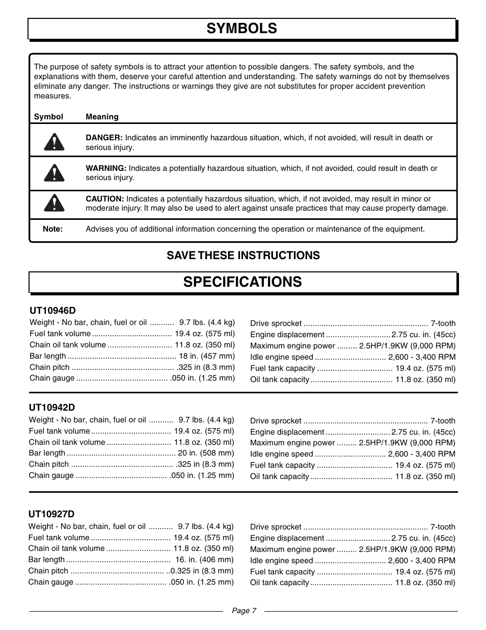 Symbols specifications, Save these instructions | Homelite UT10942D User Manual | Page 7 / 36