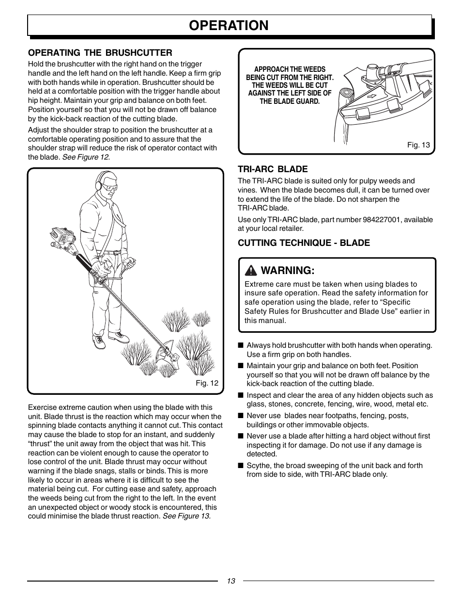 Operation, Warning | Homelite F3055 User Manual | Page 13 / 22