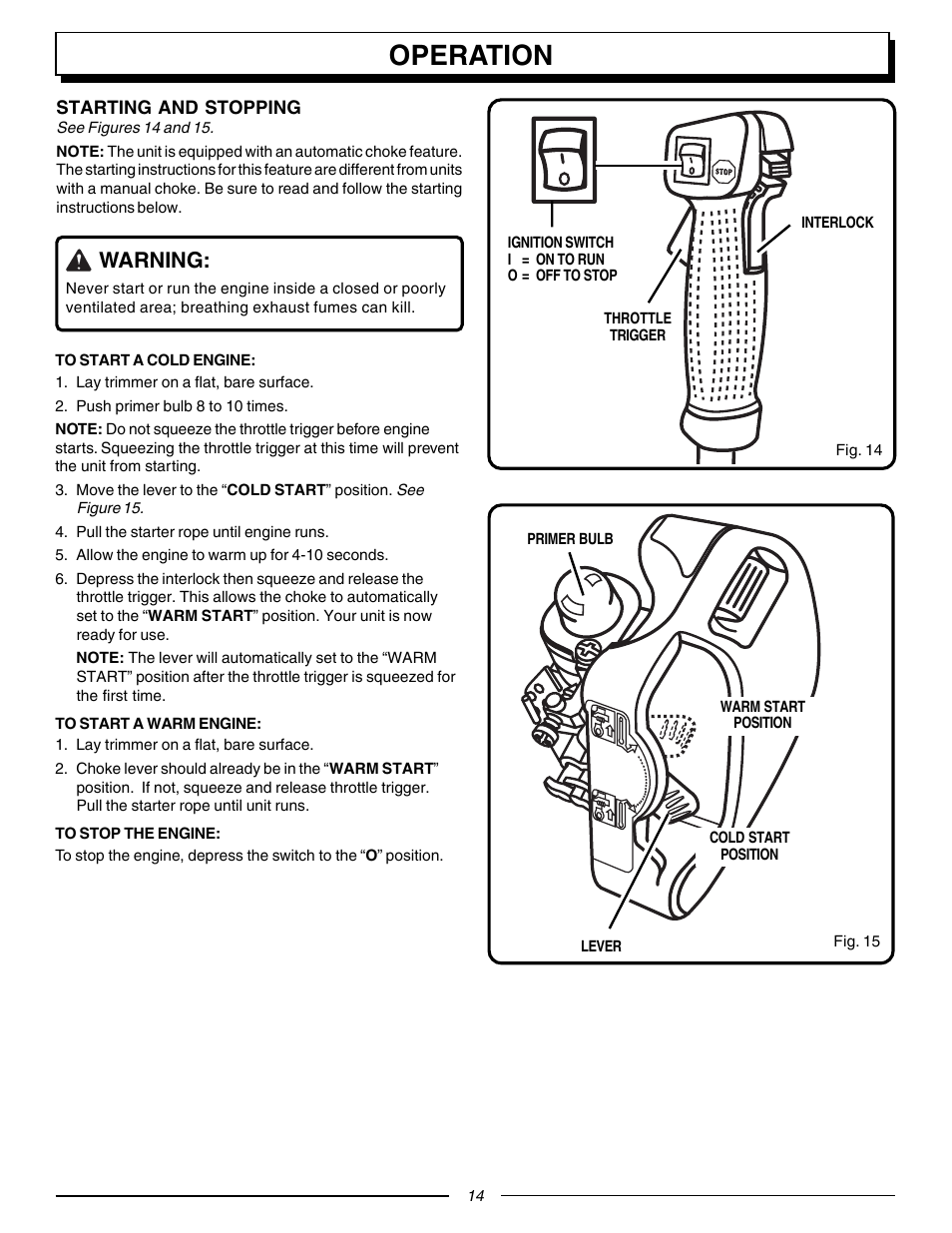 Operation, Warning | Homelite F3055 User Manual | Page 14 / 22