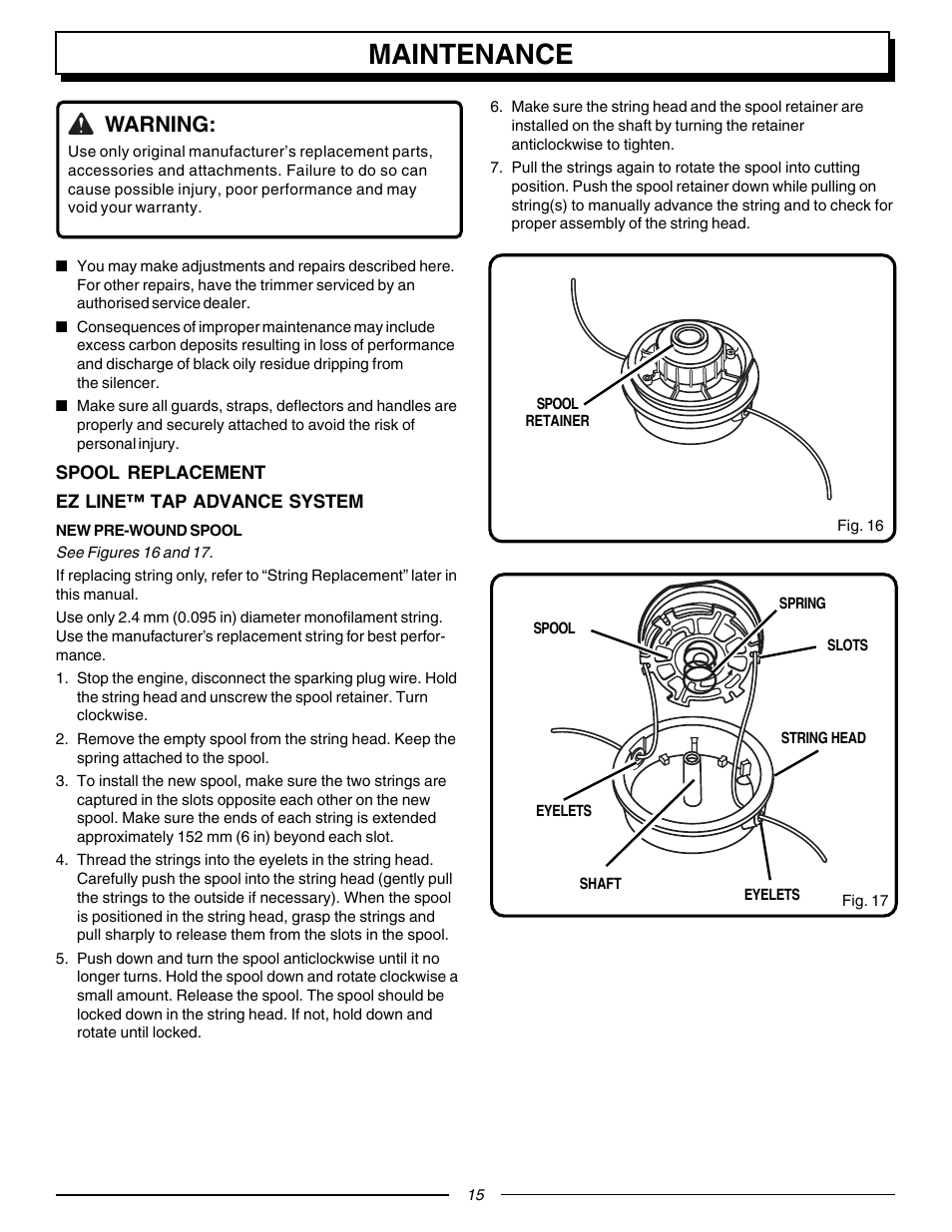 Maintenance, Warning | Homelite F3055 User Manual | Page 15 / 22