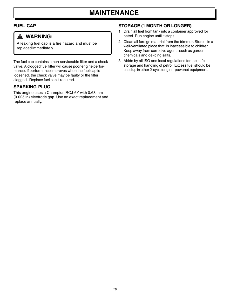 Maintenance, Warning | Homelite F3055 User Manual | Page 18 / 22