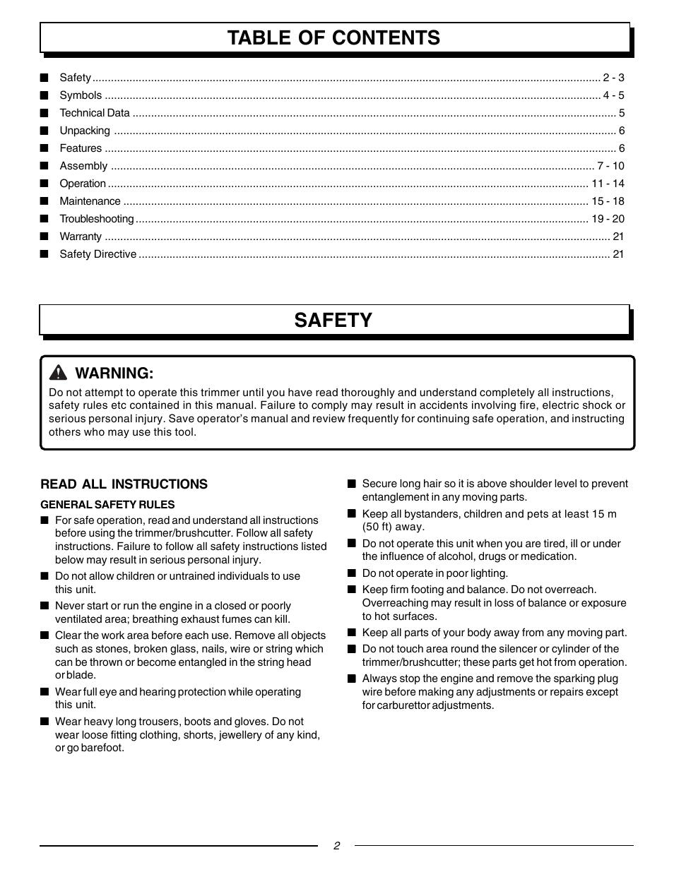 Table of contents safety, Warning | Homelite F3055 User Manual | Page 2 / 22