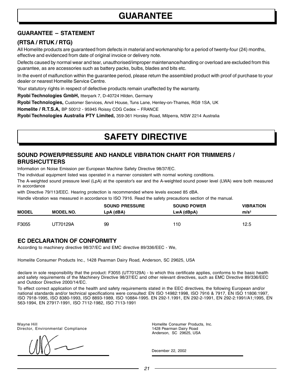 Guarantee safety directive | Homelite F3055 User Manual | Page 21 / 22