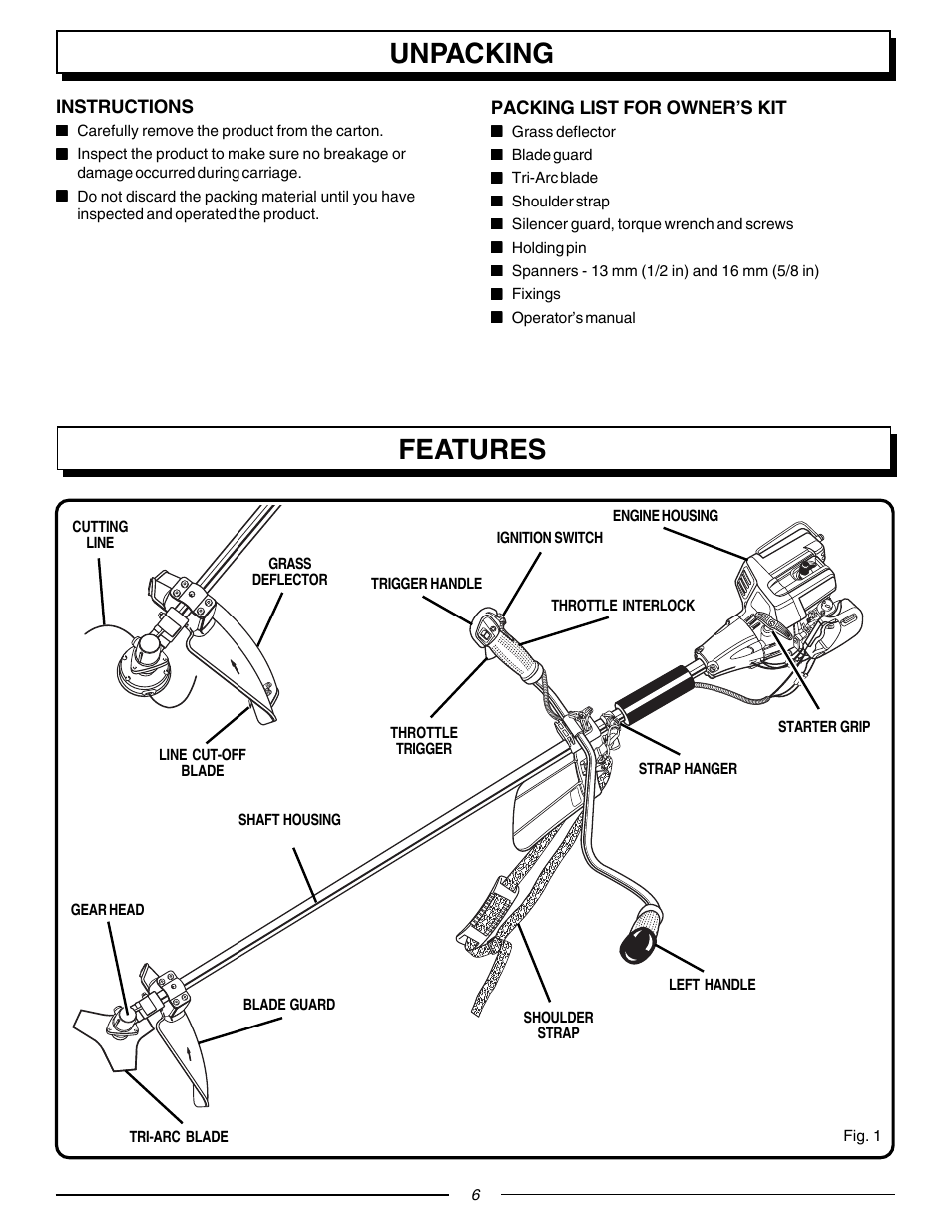 Unpacking, Features | Homelite F3055 User Manual | Page 6 / 22