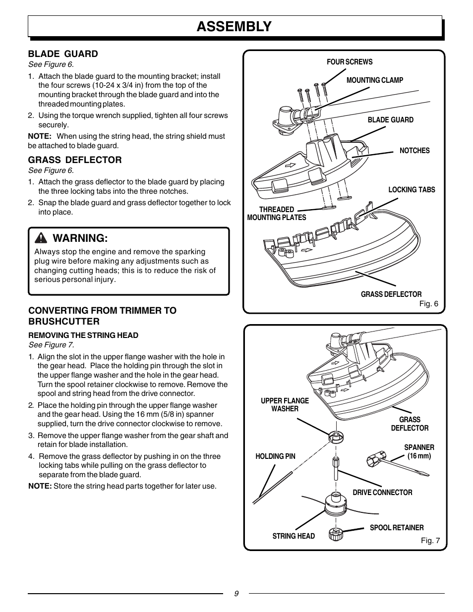 Assembly, Warning | Homelite F3055 User Manual | Page 9 / 22