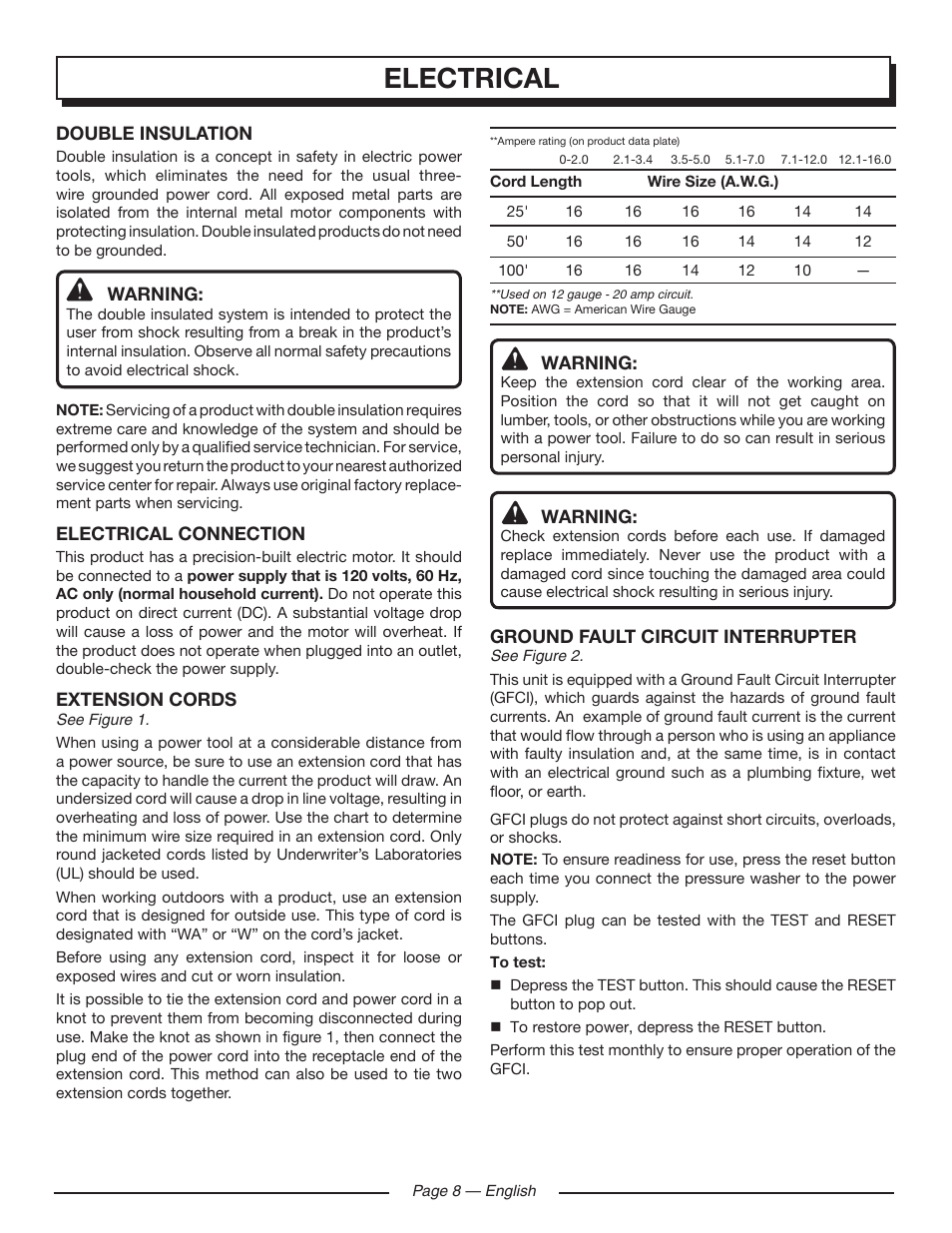Electrical | Homelite HL80215 User Manual | Page 10 / 46