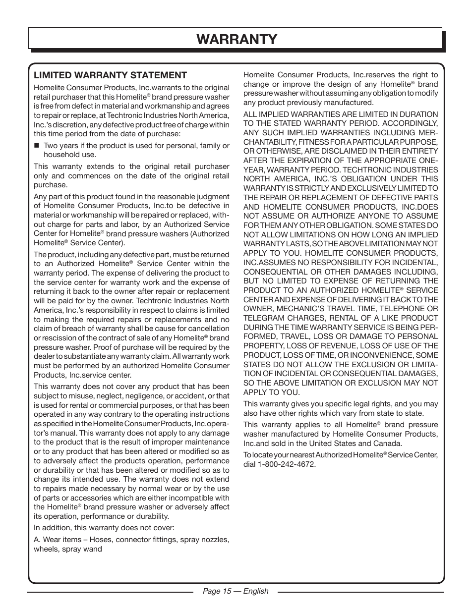 Warranty, Limited warranty statement | Homelite HL80215 User Manual | Page 17 / 46