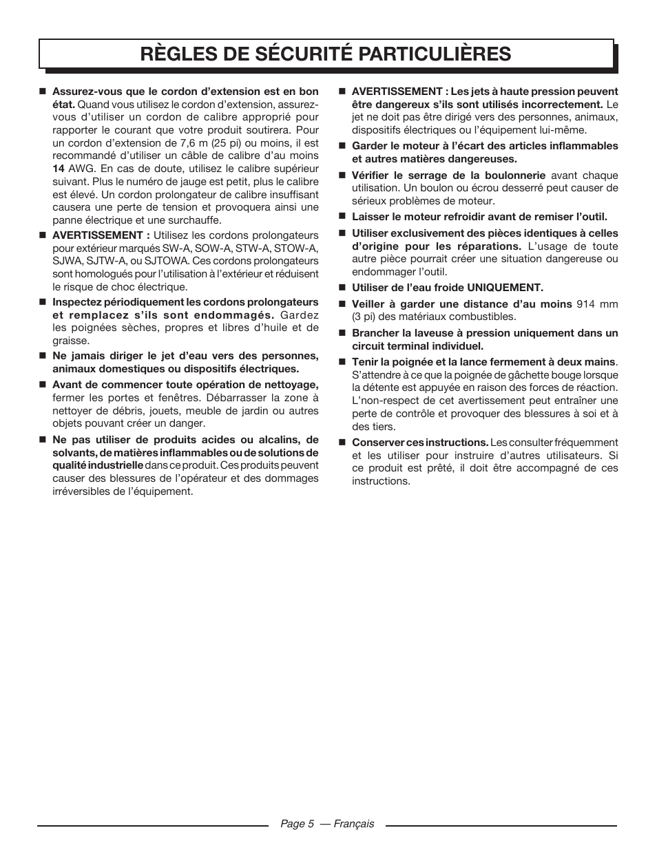 Règles de sécurité particulières | Homelite HL80215 User Manual | Page 20 / 46