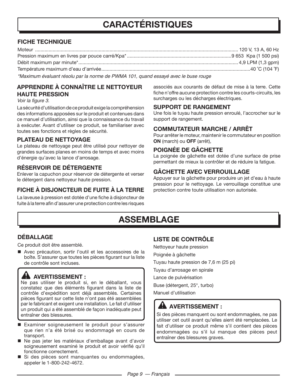 Caractéristiques, Assemblage | Homelite HL80215 User Manual | Page 24 / 46
