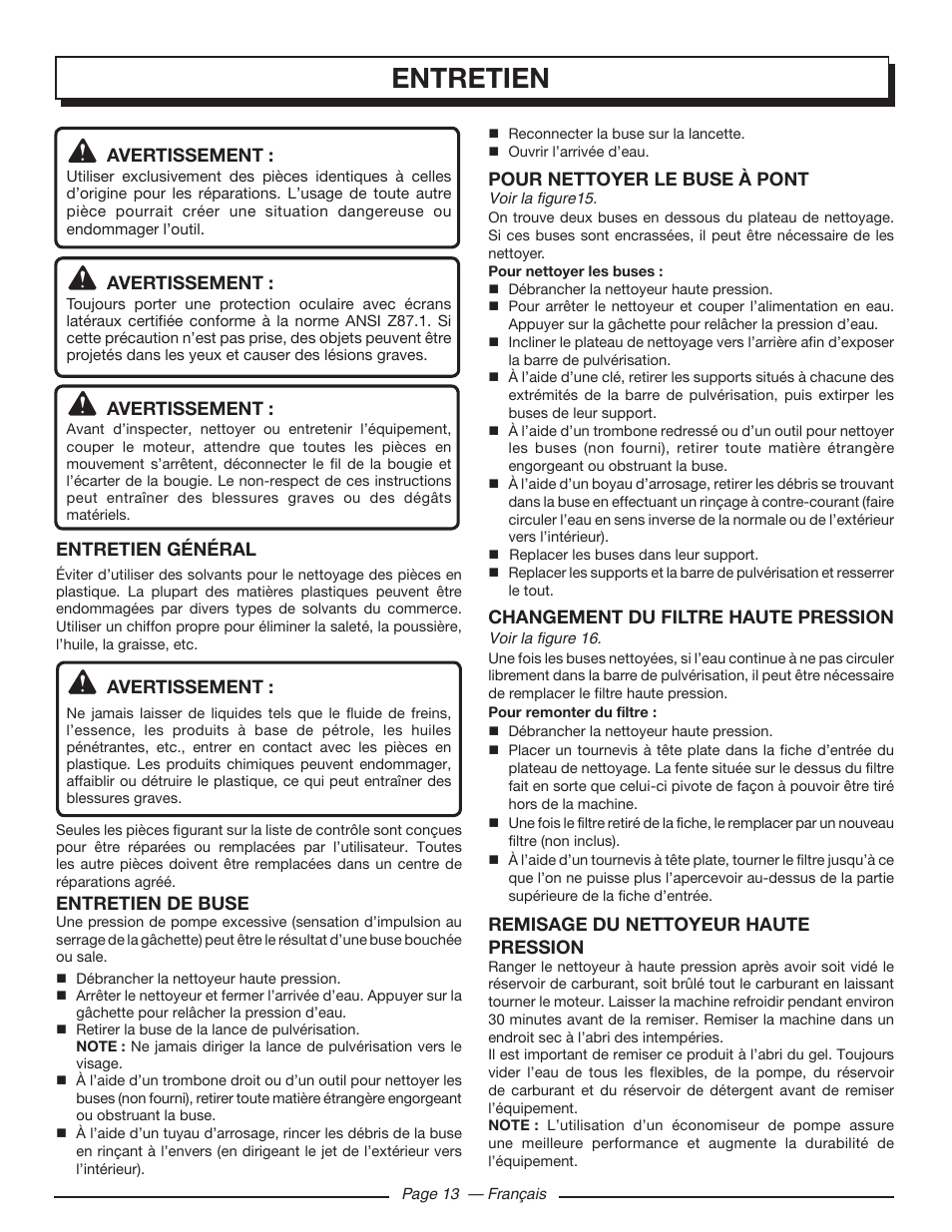 Entretien | Homelite HL80215 User Manual | Page 28 / 46