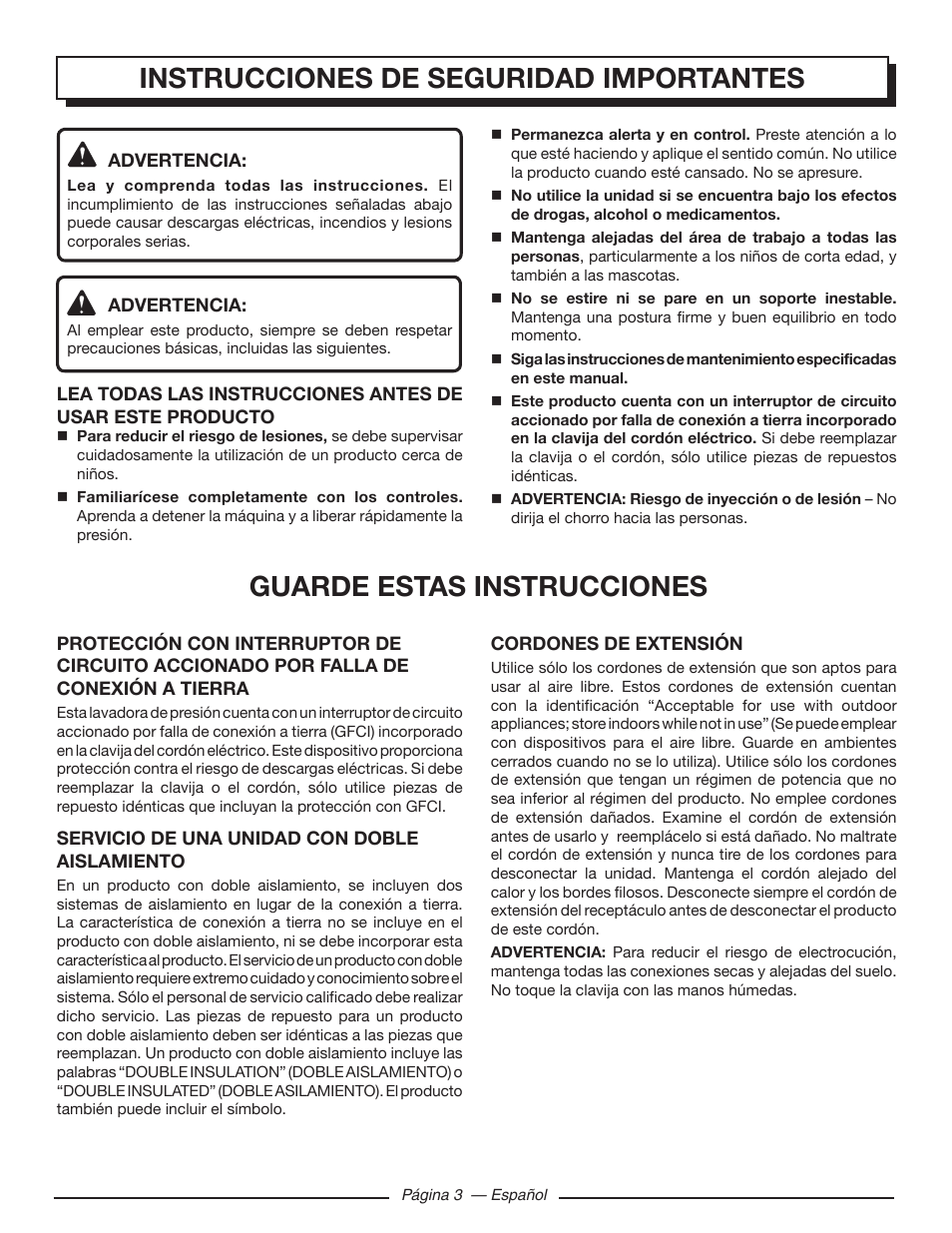 Instrucciones de seguridad importantes, Guarde estas instrucciones | Homelite HL80215 User Manual | Page 31 / 46