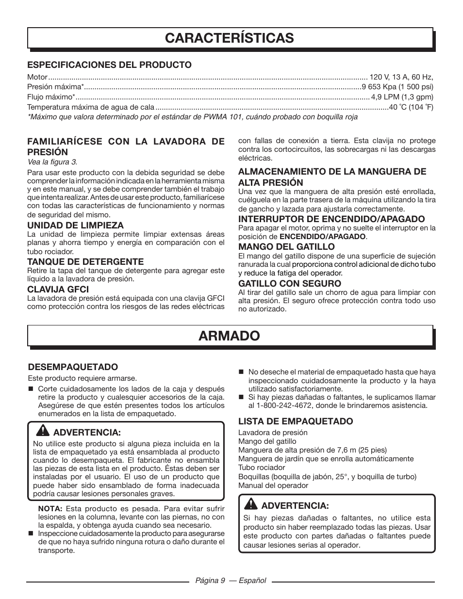 Características, Armado | Homelite HL80215 User Manual | Page 37 / 46