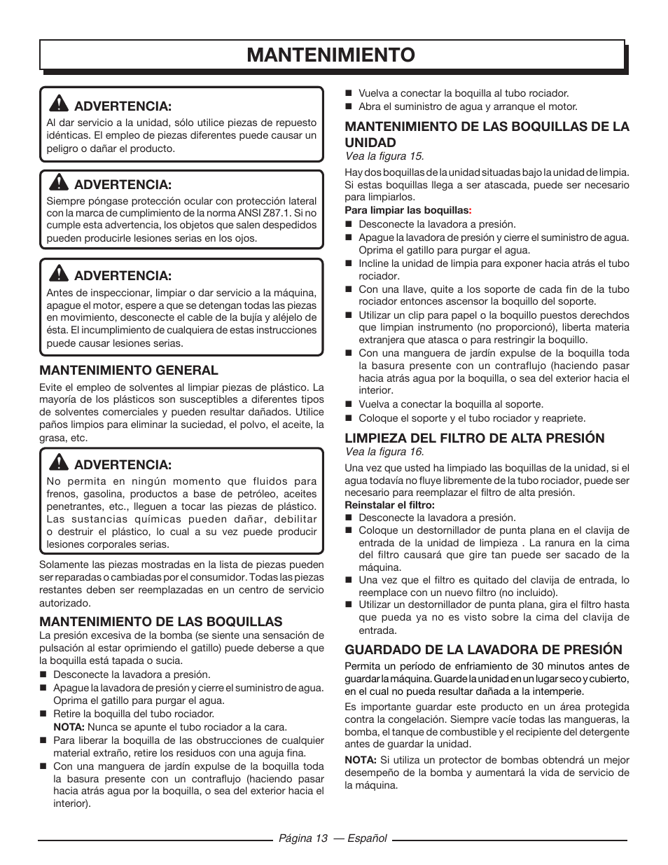 Mantenimiento | Homelite HL80215 User Manual | Page 41 / 46