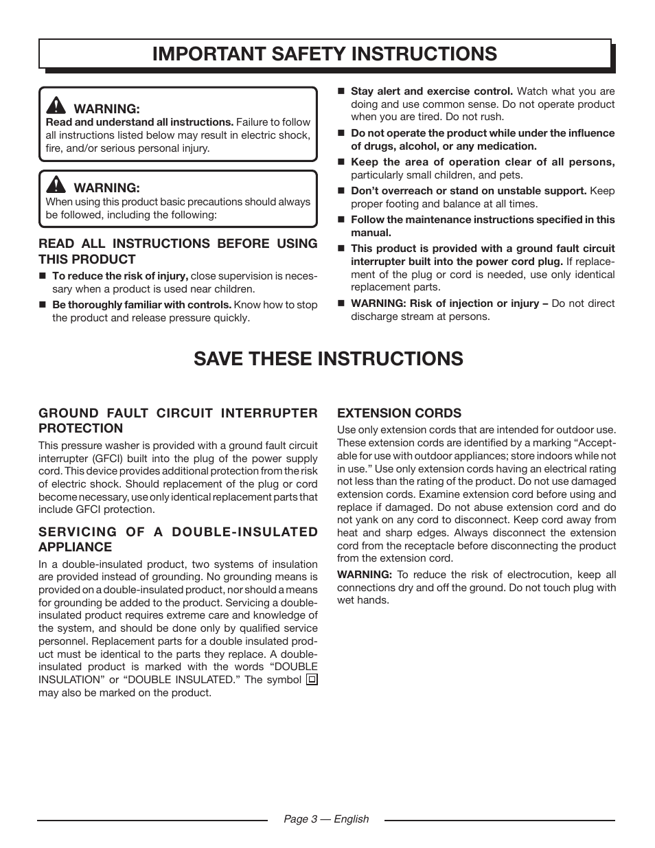 Save these instructions, Important safety instructions | Homelite HL80215 User Manual | Page 5 / 46