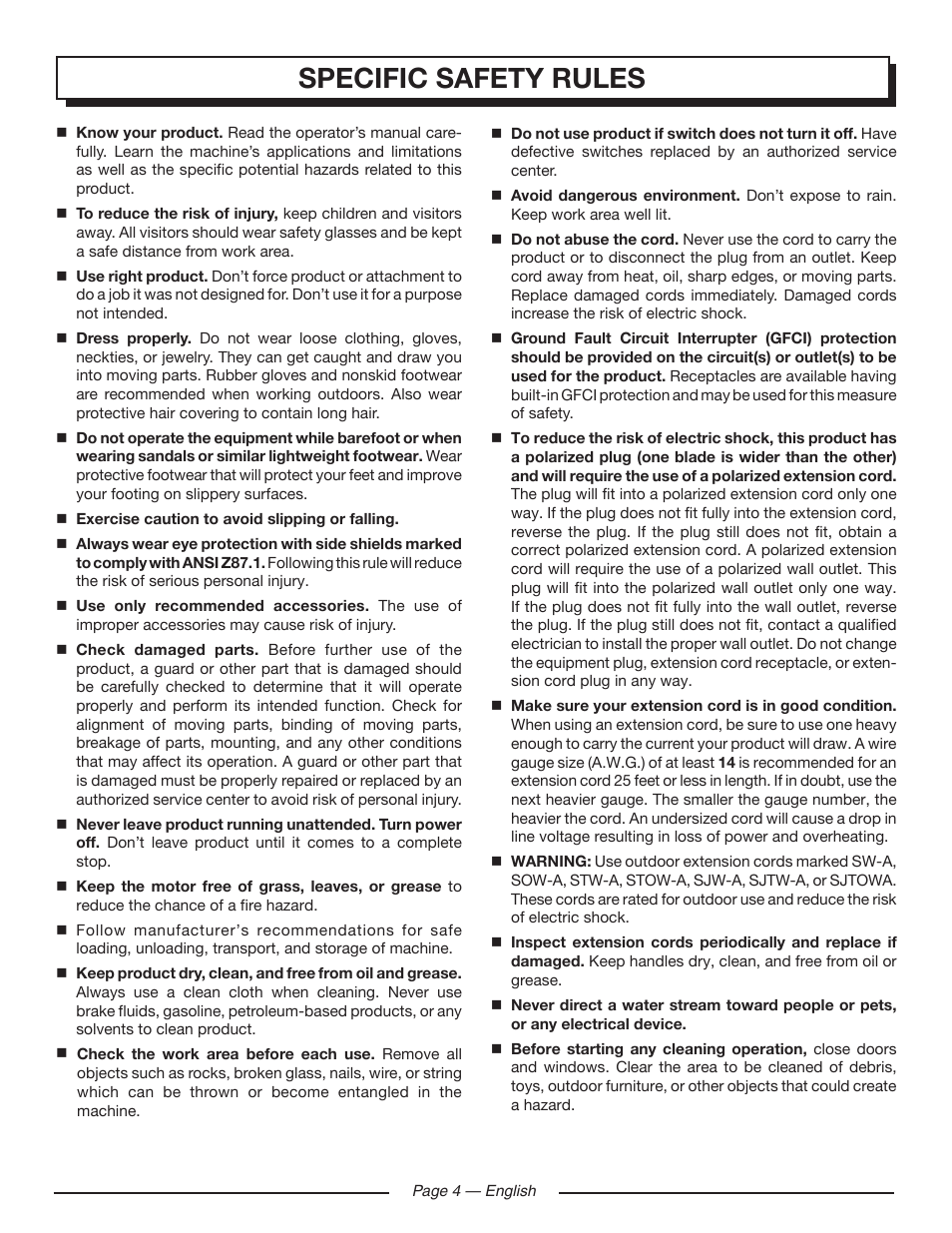 Specific safety rules | Homelite HL80215 User Manual | Page 6 / 46