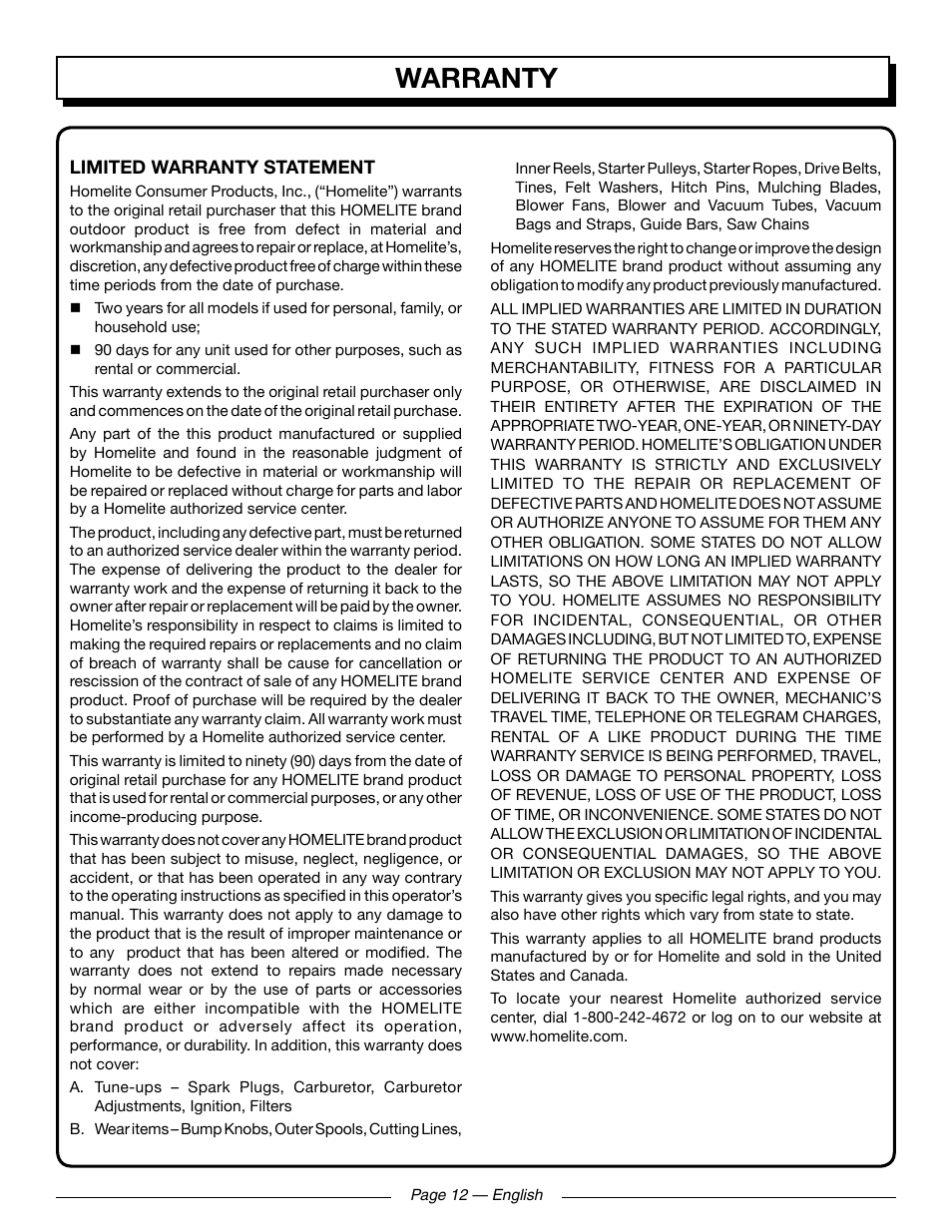 Warranty | Homelite UT09521 User Manual | Page 14 / 42