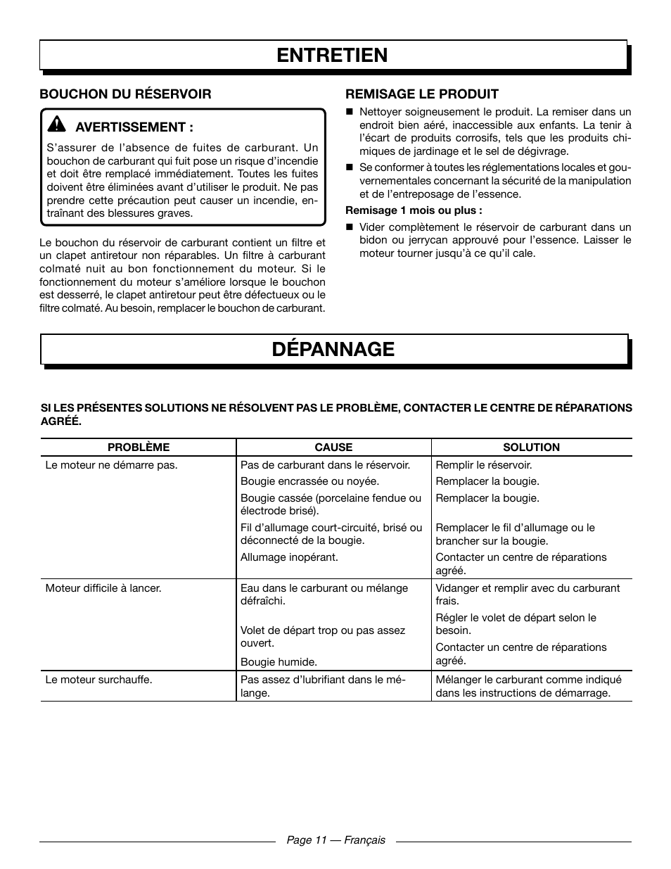 Dépannage entretien | Homelite UT09521 User Manual | Page 25 / 42