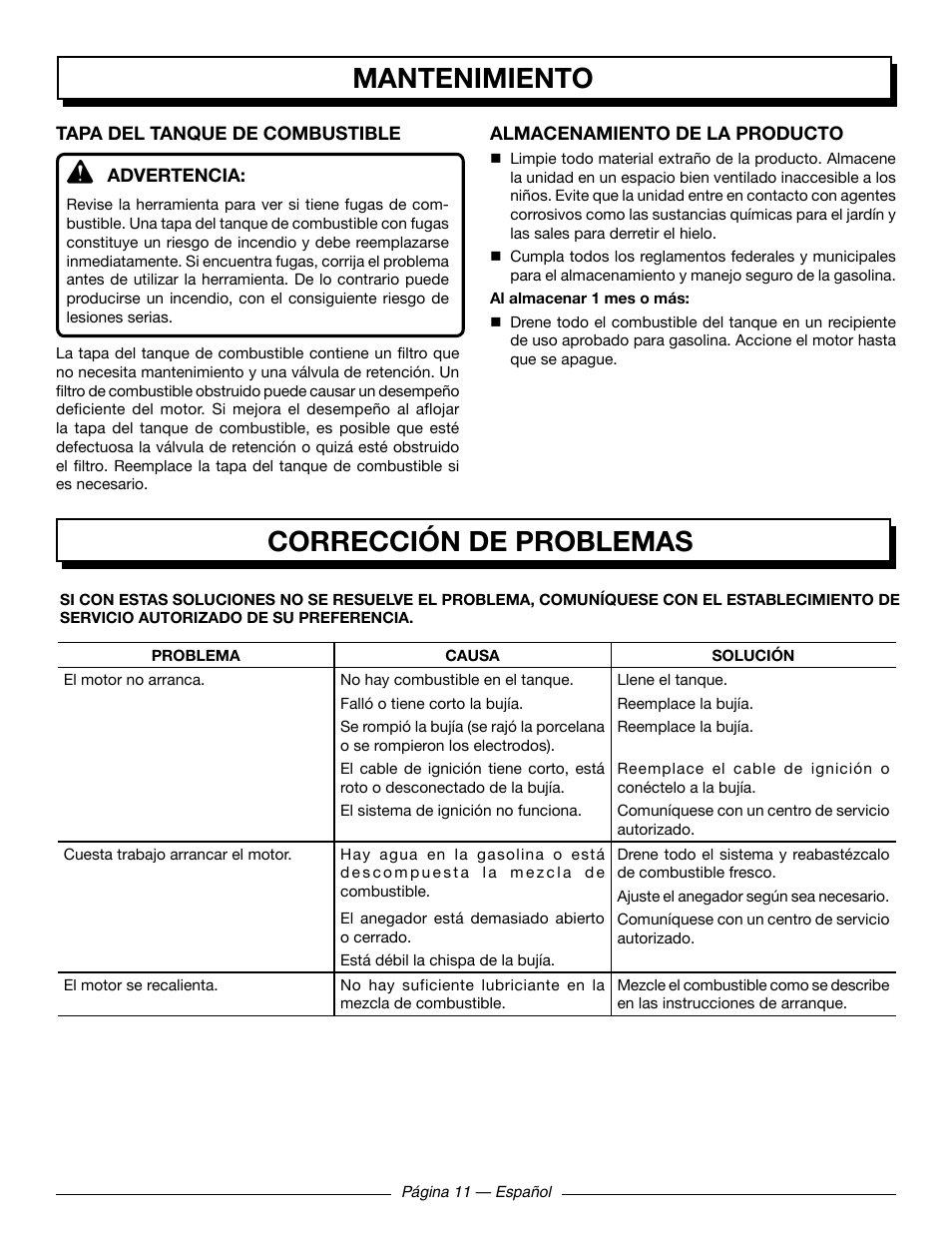 Corrección de problemas mantenimiento | Homelite UT09521 User Manual | Page 37 / 42