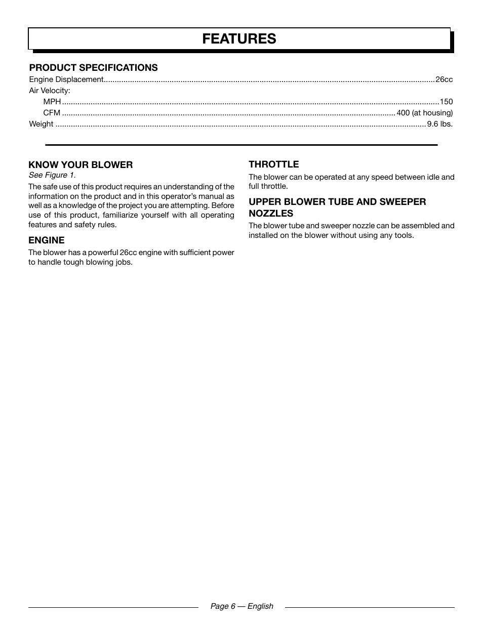 Features | Homelite UT09521 User Manual | Page 8 / 42