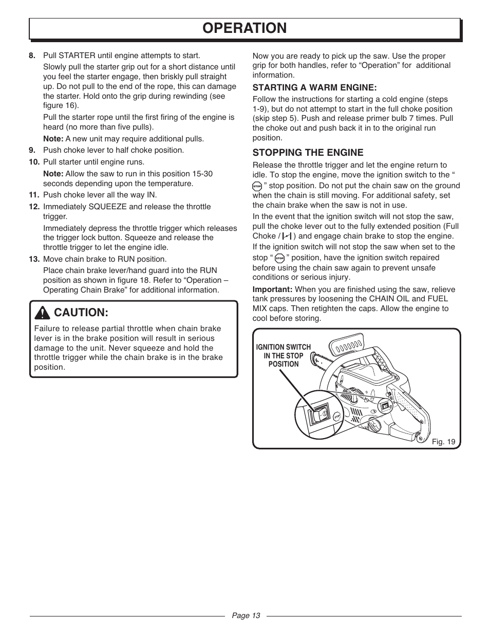 Operation, Caution | Homelite UT10947D User Manual | Page 13 / 36