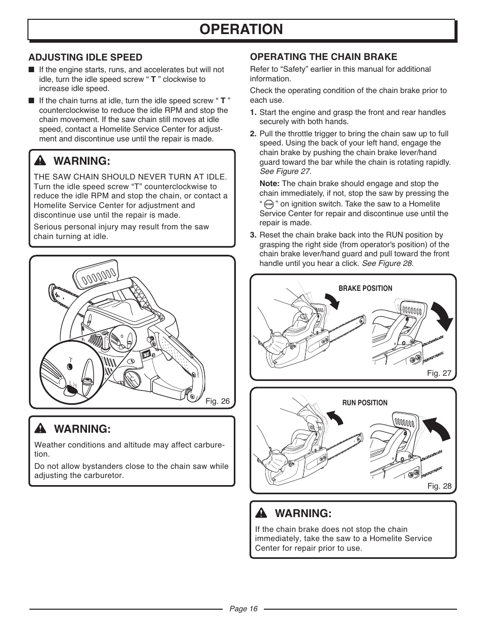 Operation, Warning | Homelite UT10947D User Manual | Page 16 / 36