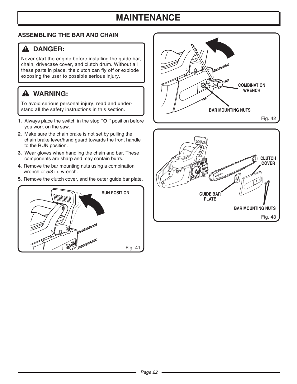 Maintenance, Danger, Warning | Homelite UT10947D User Manual | Page 22 / 36