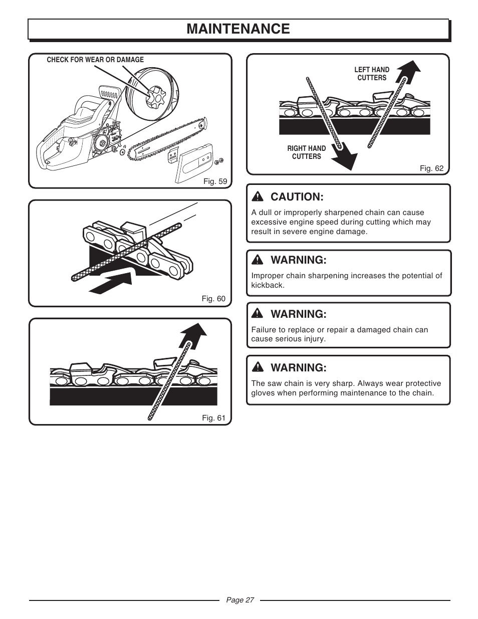 Maintenance, Caution, Warning | Homelite UT10947D User Manual | Page 27 / 36