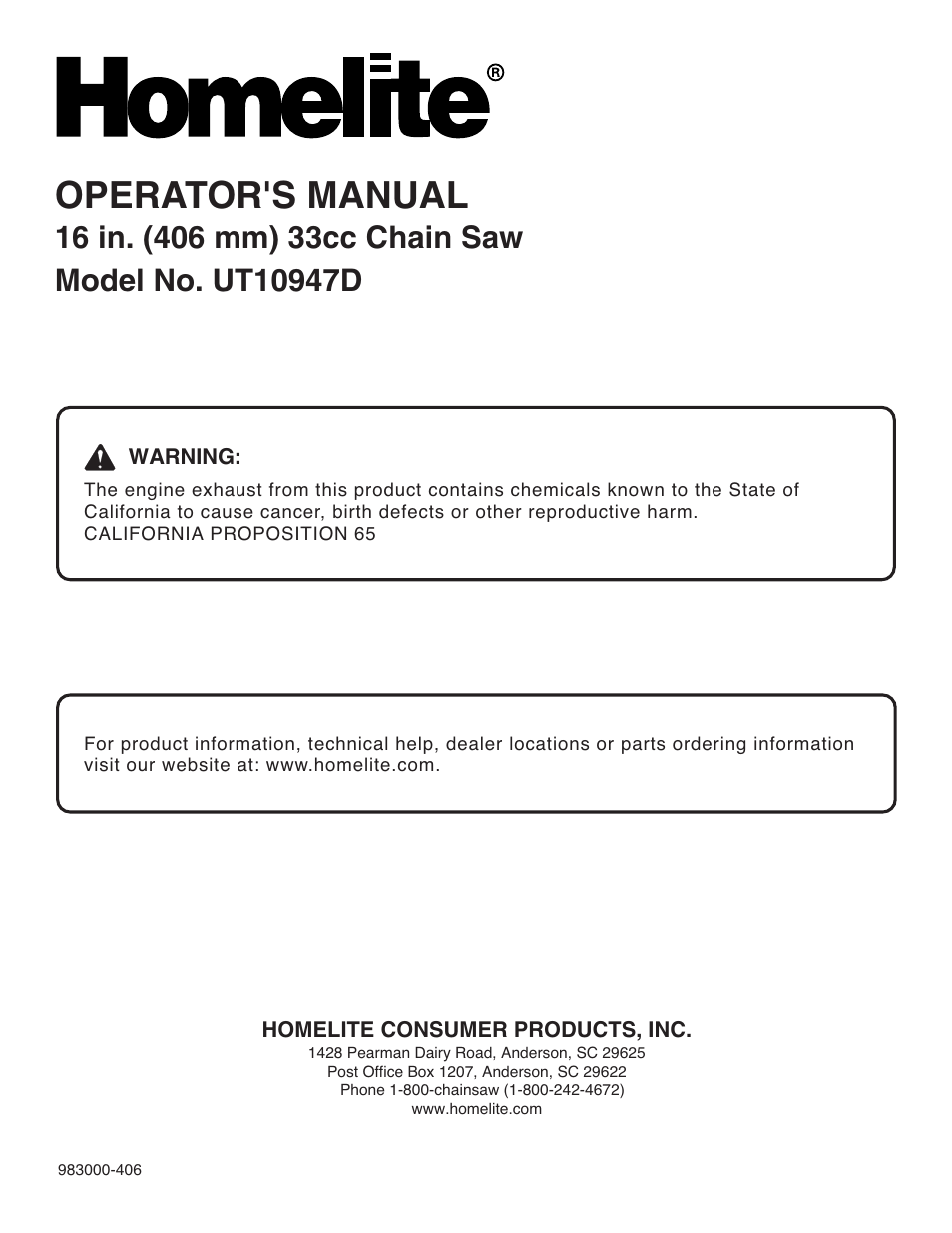 Operator's manual | Homelite UT10947D User Manual | Page 36 / 36