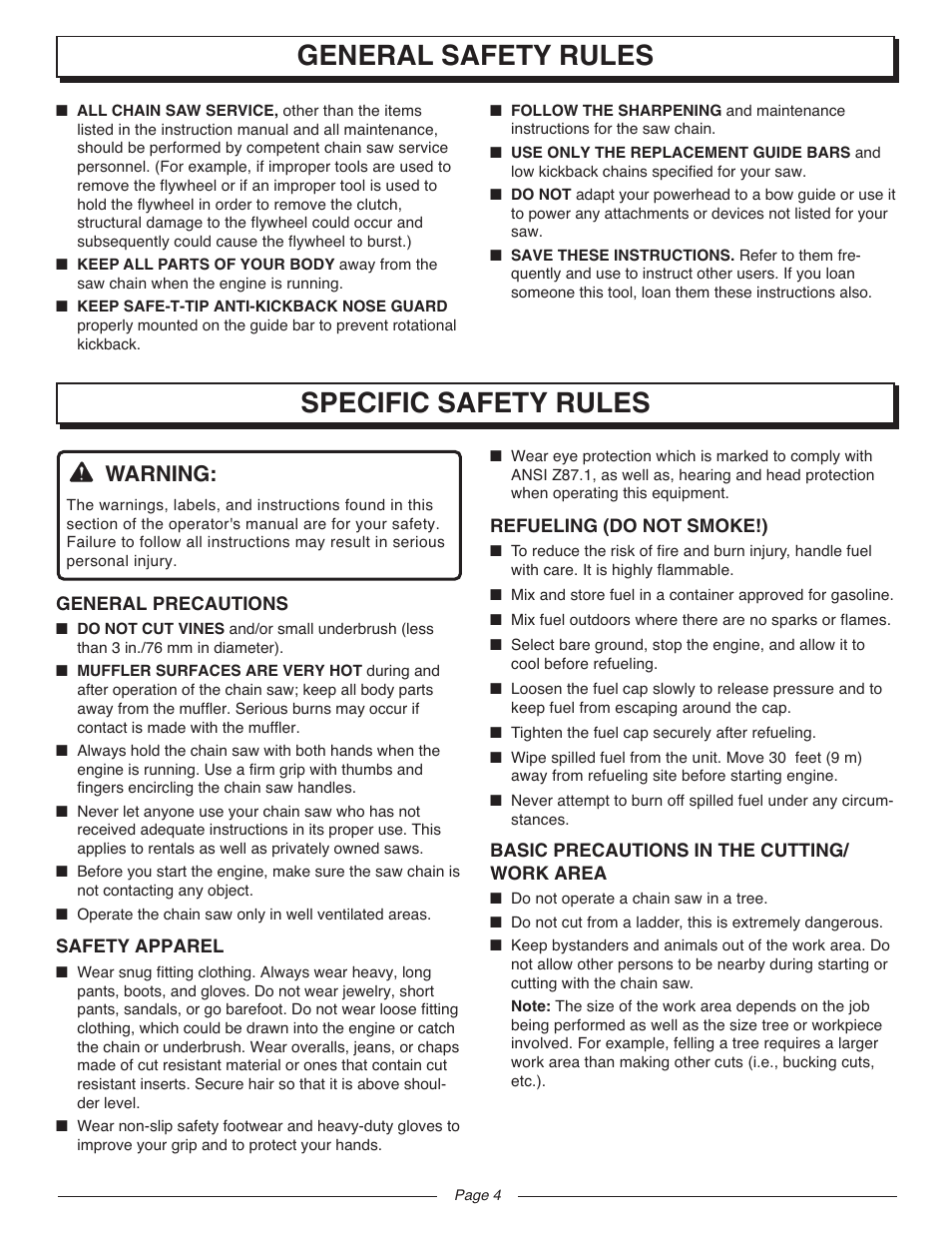 General safety rules specific safety rules, Warning | Homelite UT10947D User Manual | Page 4 / 36