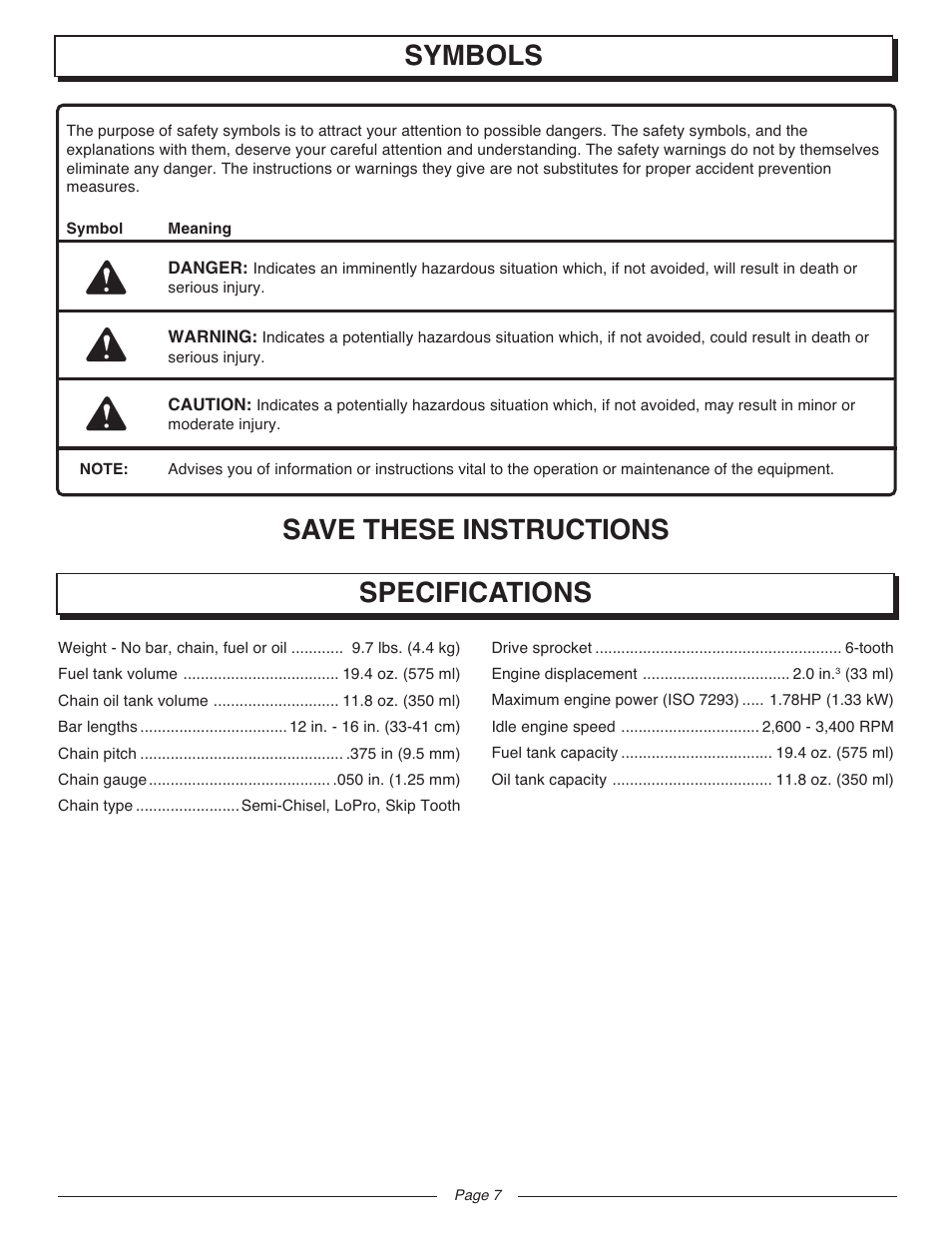 Save these instructions, Symbols specifications | Homelite UT10947D User Manual | Page 7 / 36