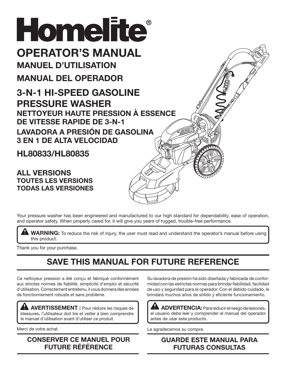 Homelite HL80833 User Manual | 52 pages