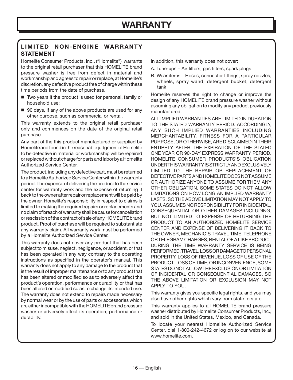 Warranty | Homelite HL80833 User Manual | Page 20 / 52