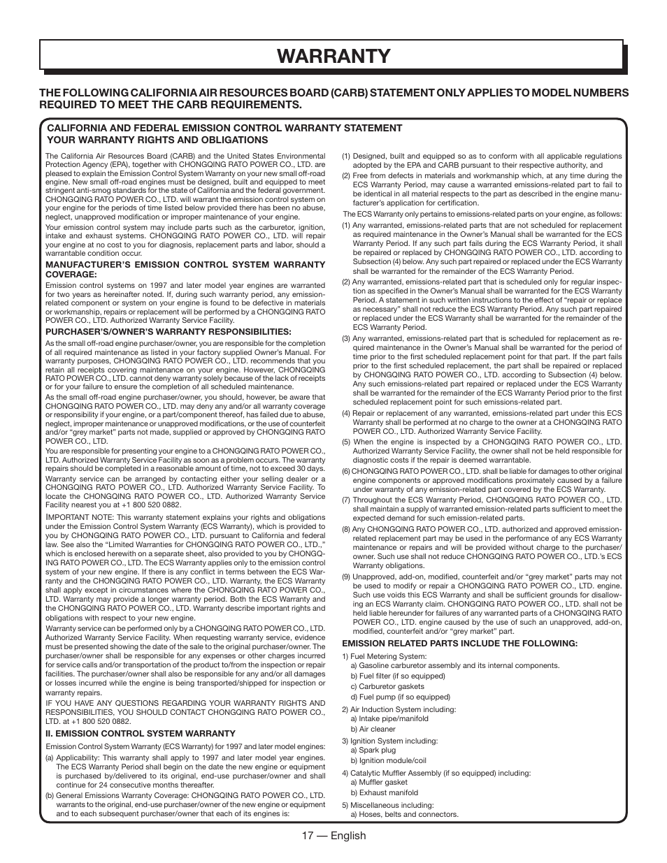 Warranty, 17 — english | Homelite HL80833 User Manual | Page 21 / 52