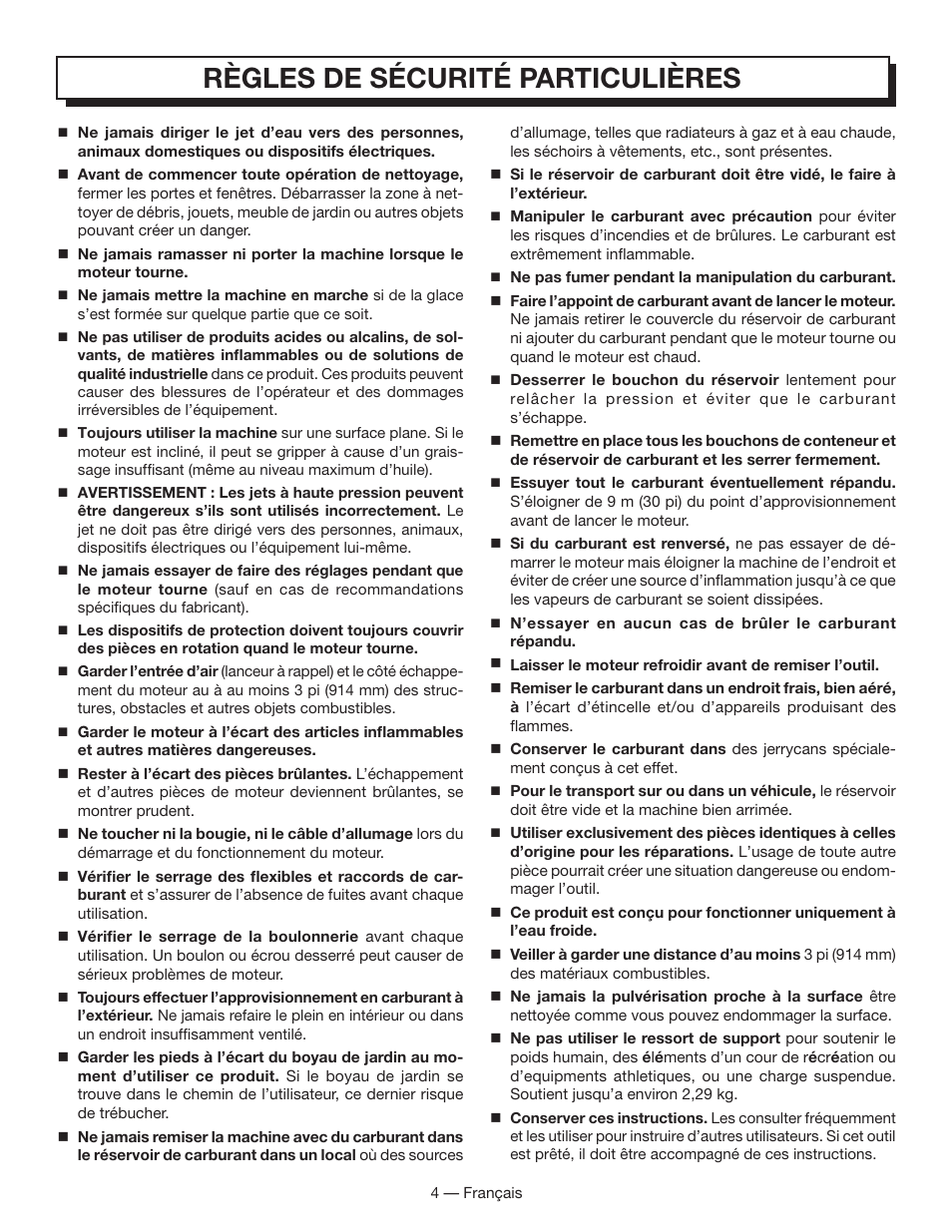 Règles de sécurité particulières | Homelite HL80833 User Manual | Page 23 / 52