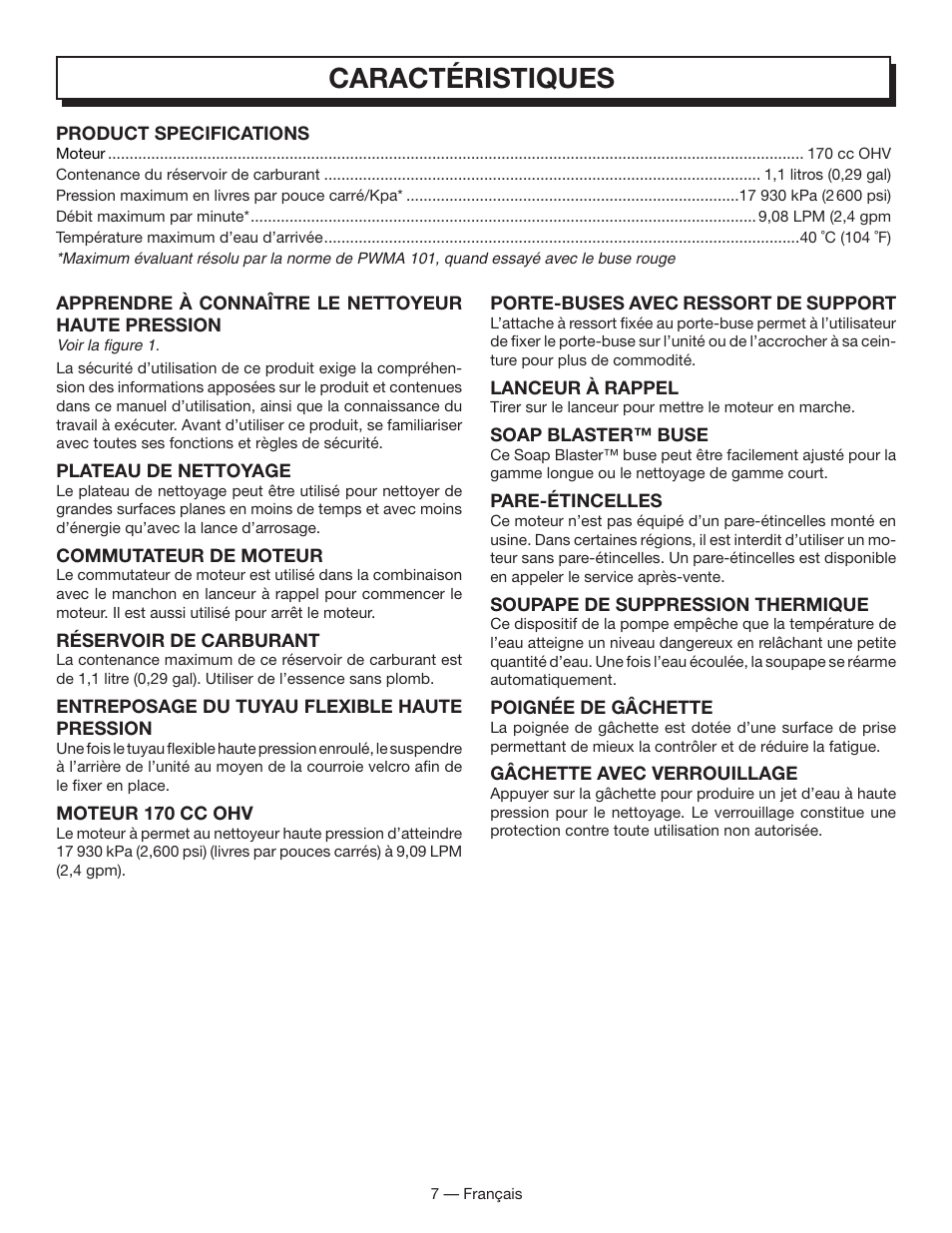 Caractéristiques | Homelite HL80833 User Manual | Page 26 / 52