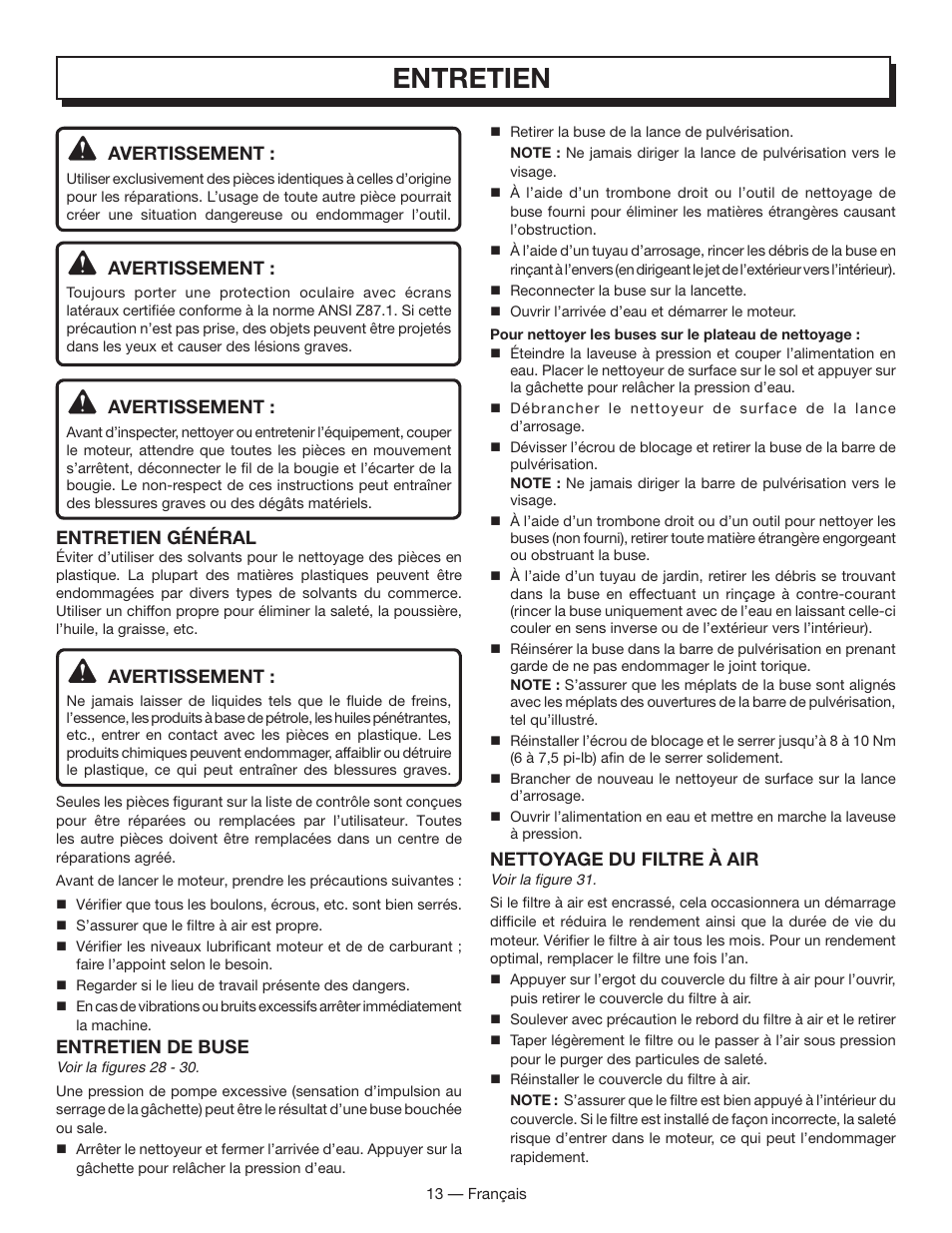 Entretien | Homelite HL80833 User Manual | Page 32 / 52